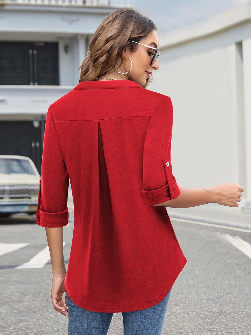 Bulotus Women's Zip Front Shirts V Neck Soft Knit 3/4 Sleeve Top and Blouse Plus Size Tunic Tops to Wear with Leggings, Red, XXX-Large - Image 5
